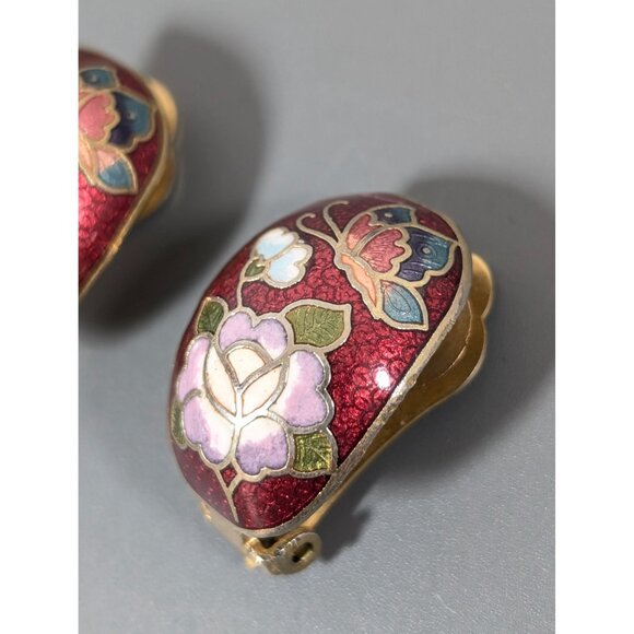 Vintage Red Cloisonne Butterfly Flower Huggie Drop Clip On Earrings Semi Hoop - Picture 6 of 8